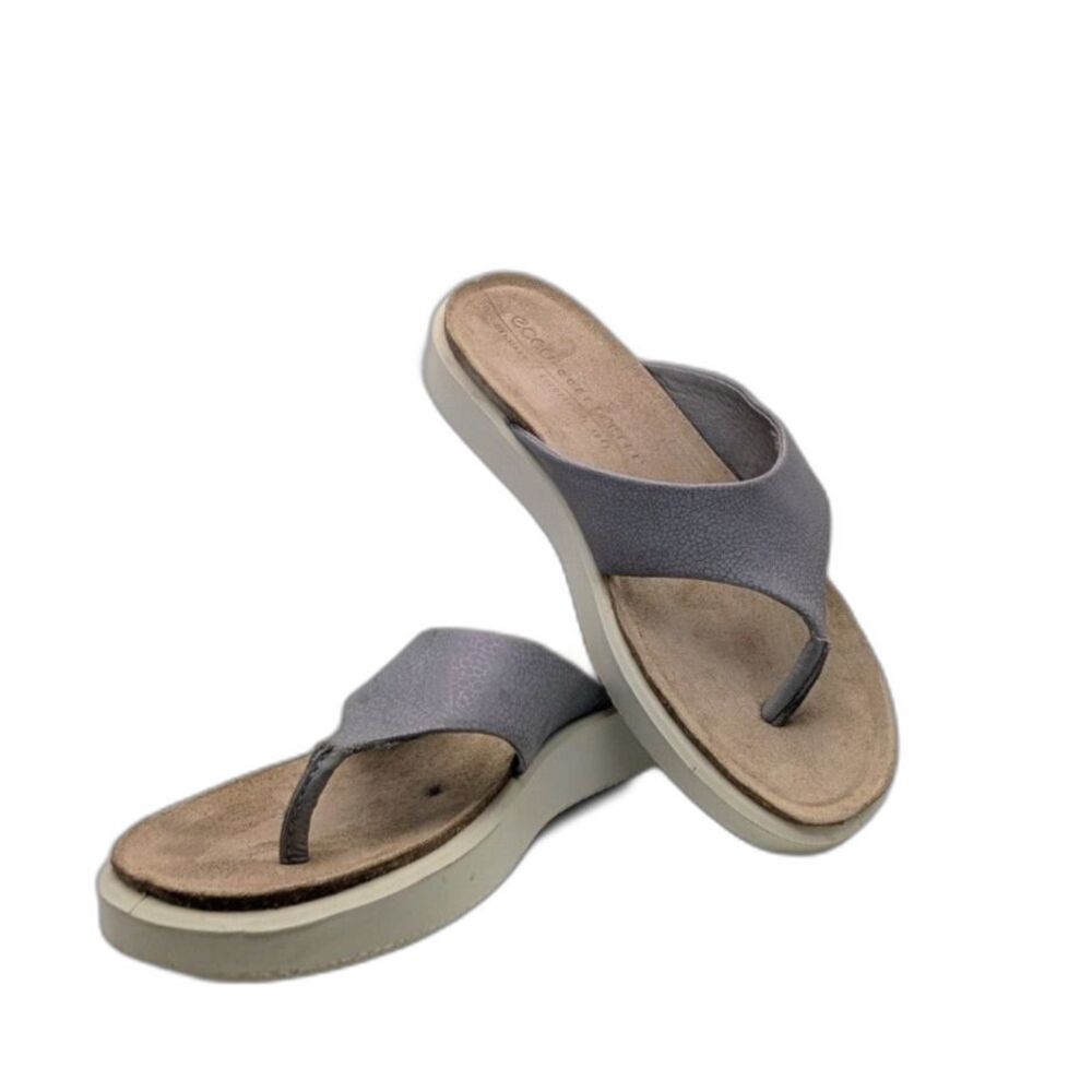 Ecco Leather Thong Sandals Gray Platform Flip Flops Size EU 37/ Womens 6